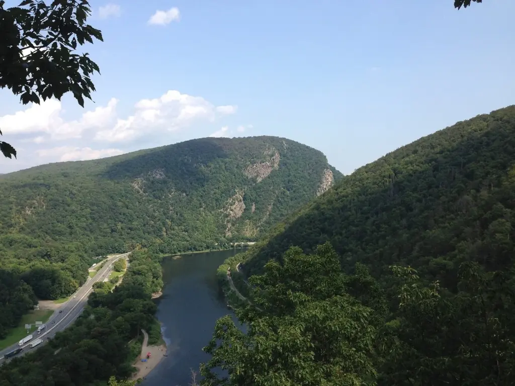 Mount Tammany's steep, forested slope rising above the Delaware River at the Delaware Water Gap