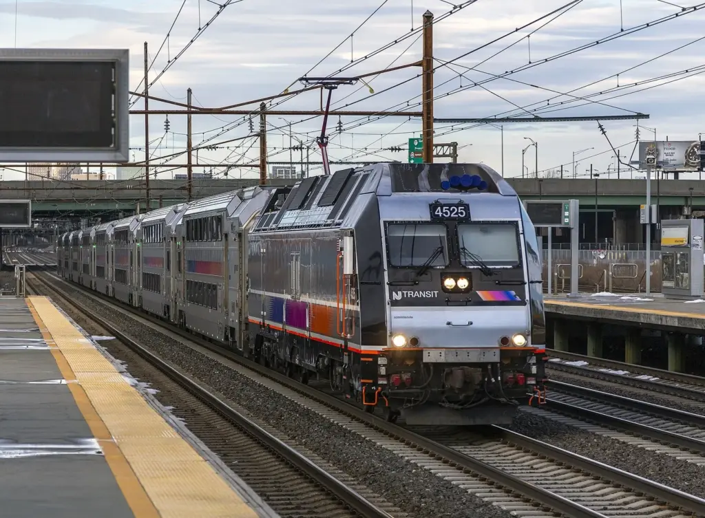 A silver NJ Transit electric locomotive pulling double-decker coaches along an open-air station platform under overhead wires