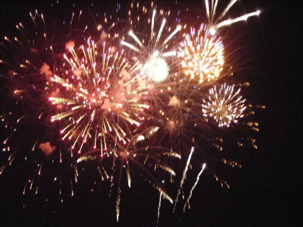 Bursts of gold, white and red fireworks filling a night sky