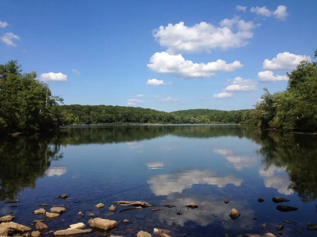 Sunfish Pond, a calm glacial lake ringed by forest under a blue sky with white clouds reflected in the water and rocks along the near shore